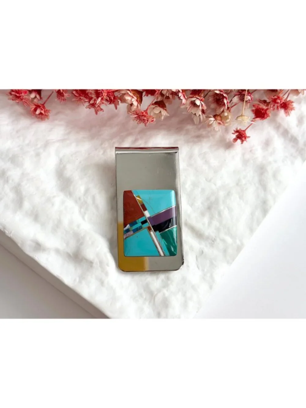 Turquoise, Coral, Onyx, Amethyst Southwest Vintage Stainless Steel Money Clip